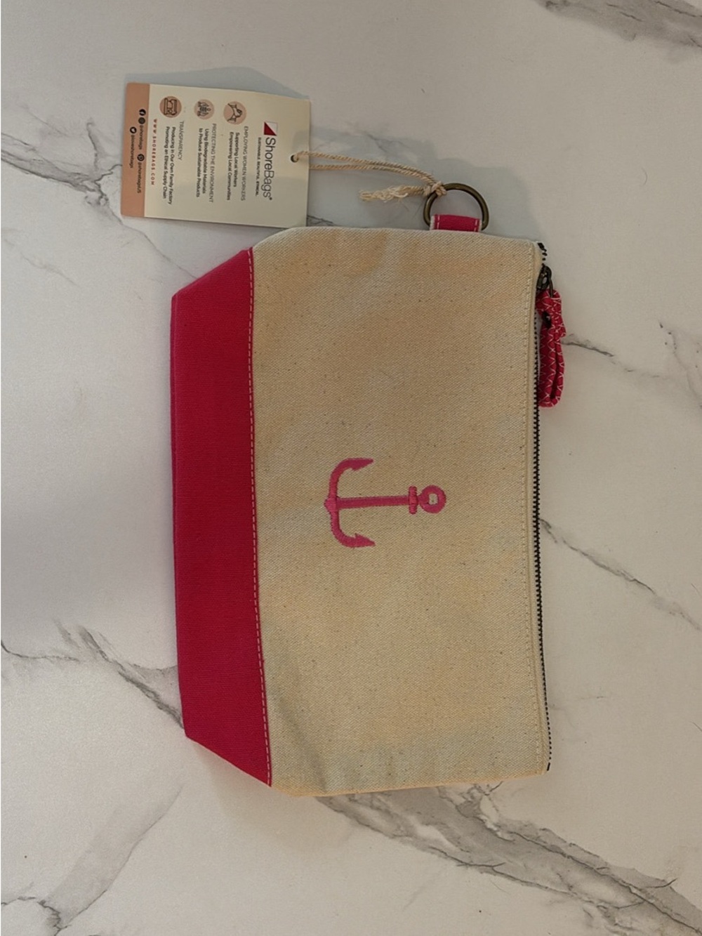 Canvas Anchor Wristlet Pouch - Pink and Cream